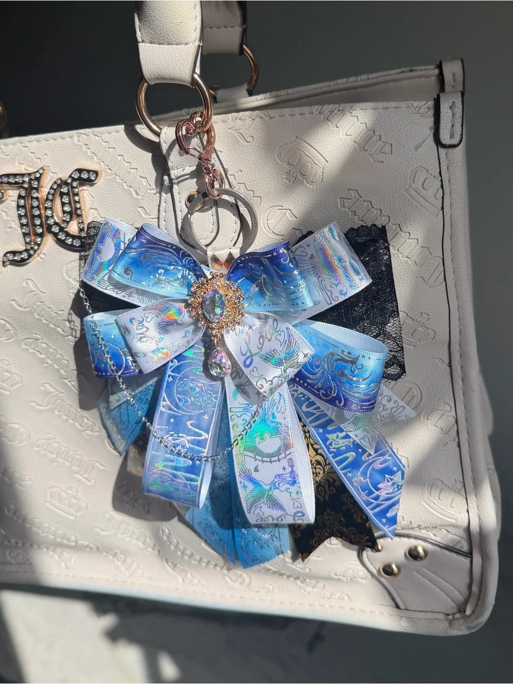 Decorative Blue Ribbon Bag Charm with Crystal Accent